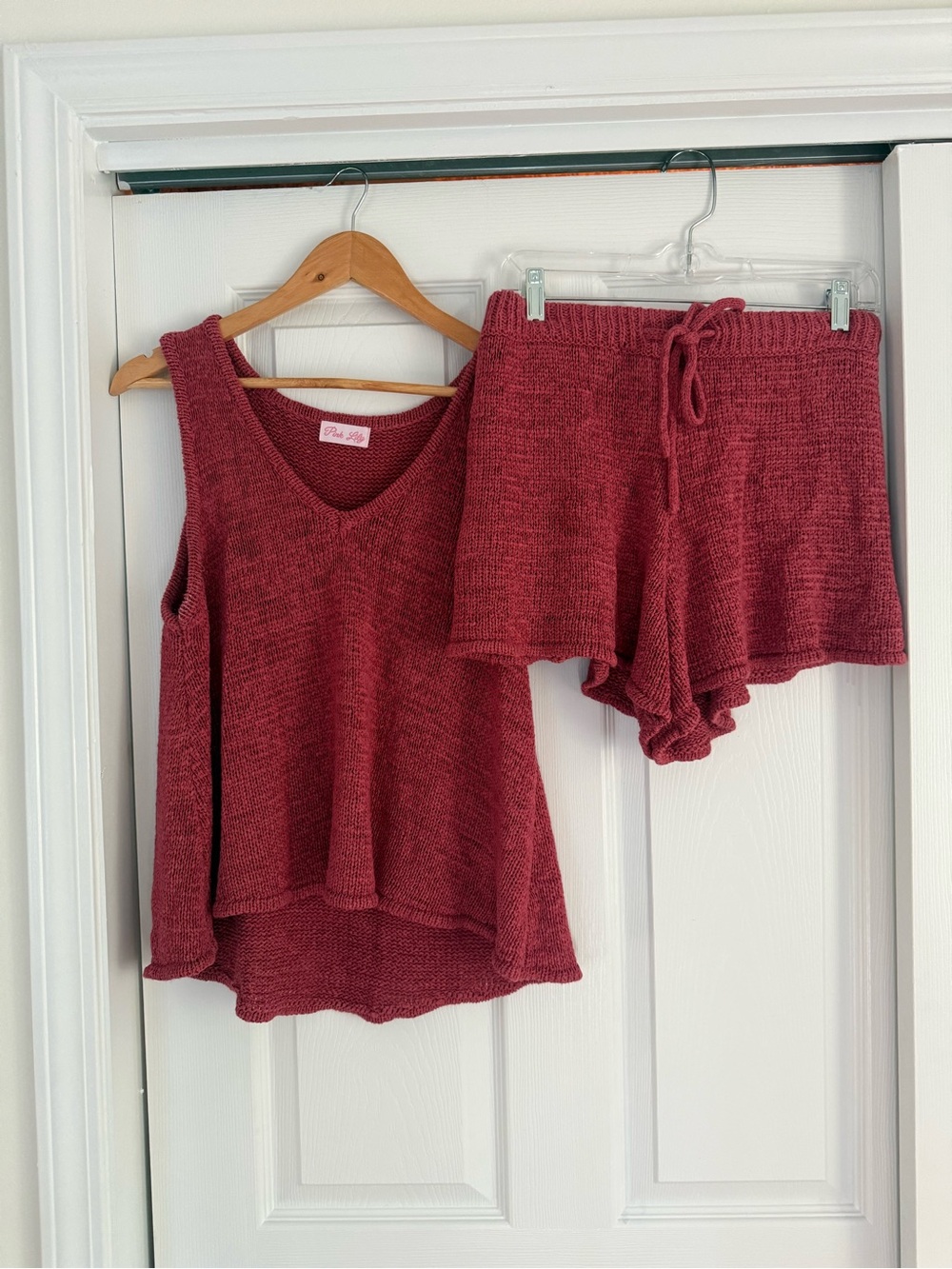 Pink Lily Wine Knit V-Neck Tank & Drawstring Shorts Set